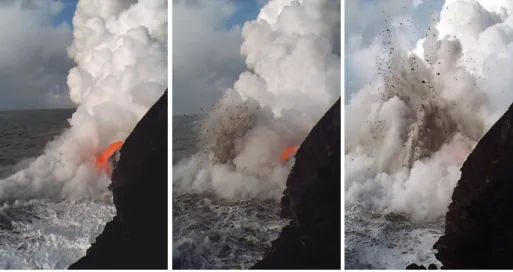 Figure 6 – Photos d’une explosion de vapeur observée lors d’une coulée de lave dans l’océan mité