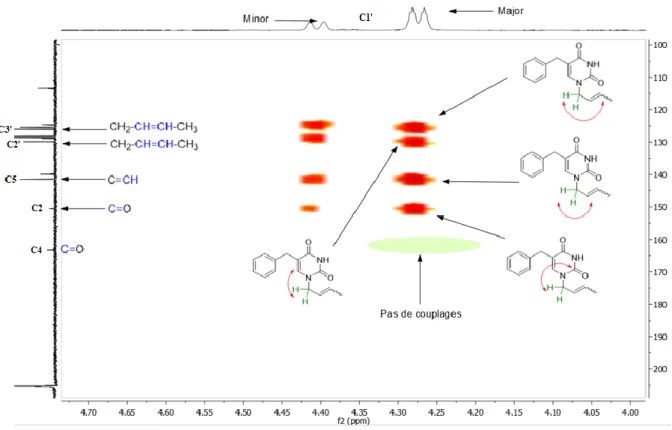 Figure 34 : Détermination de la N 1 -alkylation par RMN HMBC dans l’acétone-d 6 . 