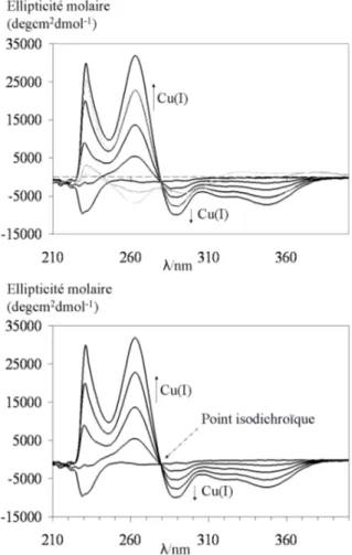 Figure 52 – Spectre de dichro¨ısme circulaire du dosage de P 1 par ajout de Cu + , pH 7.4, tamp