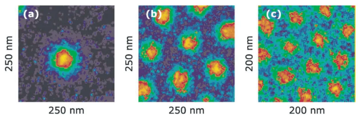 Fig. 2 – Images de vortex dans MgB 2 obtenues par spectroscopie tunnel ` a balayage ` a 2 K sous respectivement (a) 0.05, (b) 0.2 et (c) 0.5 T
