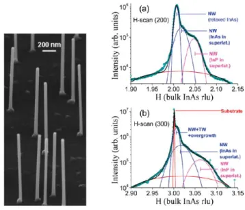 Figure 1.14: Left: Scanning electron microscopy images of CBE grown epitaxial InAs/InP nanowires