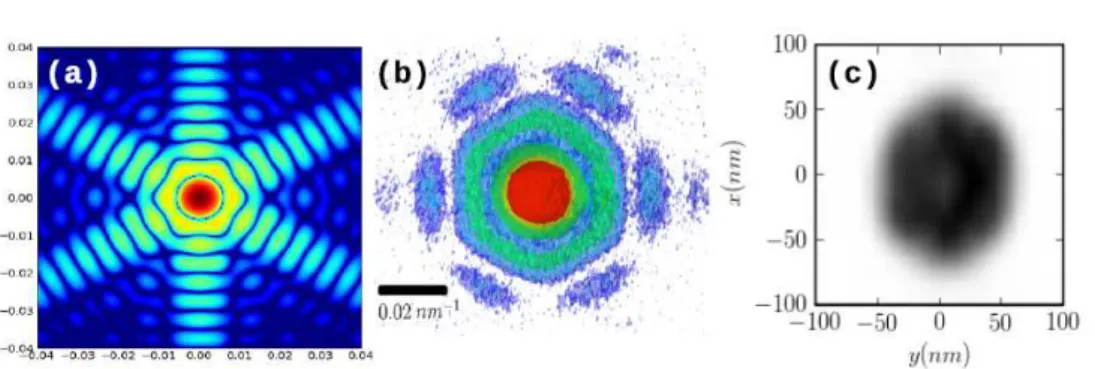 Figure 1.21: CDI of a single Si nanowire: (a) simulated 2D scattering pat- pat-tern (in the plane perpendicular to the nanowire axis), (b) experimental pattern recorded on a 95 nm silicon nanowire and (c) the corresponding real-space reconstruction of the 