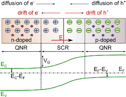 Figure 3: p–n junction in thermal equilibrium with zero-bias voltage applied. Donor atoms (blue particles),  acceptor atoms (green particles), electrons (red particles), holes (violet particles)