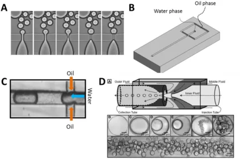 Figure  5-6  Microfluidic  flow-focusing  system  for  droplet  formation.  A)  Original  first  flow- flow-focusing  device  containing  an  orifice