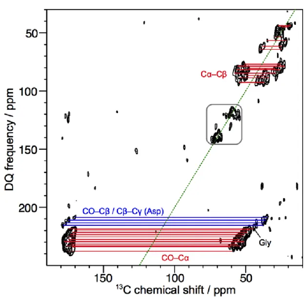 Figure I.8. A 2D DQ-SQ  13 C- 13 C correlation spectrum of lysozyme at natural isotopic abundance  was recorded at a MAS frequency of 10.5 kHz, sample temperature of ~ 100 K, and B 0  = 9.4 T