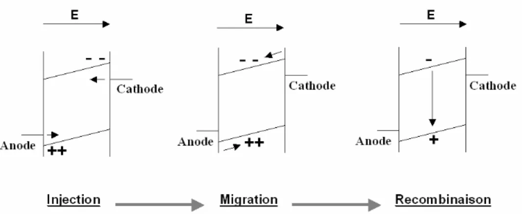 Figure 1-10 : Etapes menant à la luminescence dans une diode électroluminescente d’après la  référence 2