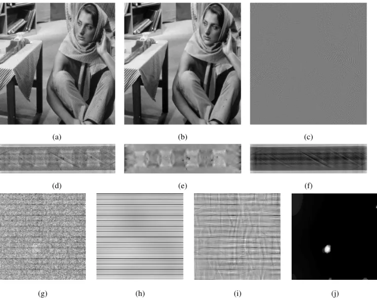 Fig. 2. MCA of three real 2D images. Barbara: (a) Original, (b) cartoon component (curvelets), (c) texture (local DCT)