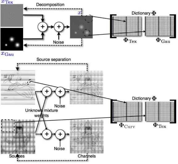 Fig. 1. Illustration of the image decomposition (top) and the blind source separation (BSS) problems (bottom) using sparsity and morphological diversity