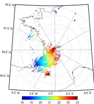 Figure 2 : Activité orageuse enregistrée par Météorage le 9  septembre 2005 entre 18 et 24 heures TU