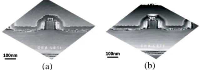 FIGURE 2.  Reconstructed phase image obtained using off- off-axis electron holography on a CMOS device with an  integration time of (a) 4s and (b) 45s thanks to the column  stability of the FEI Titan microscope and a well controlled  TEM environment