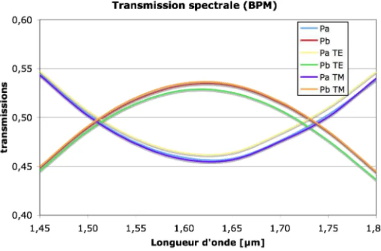 Figure II-18 : influence de la polarisation. La simulation prend en compte la  biréfringence introduite par la technologie de nos guides