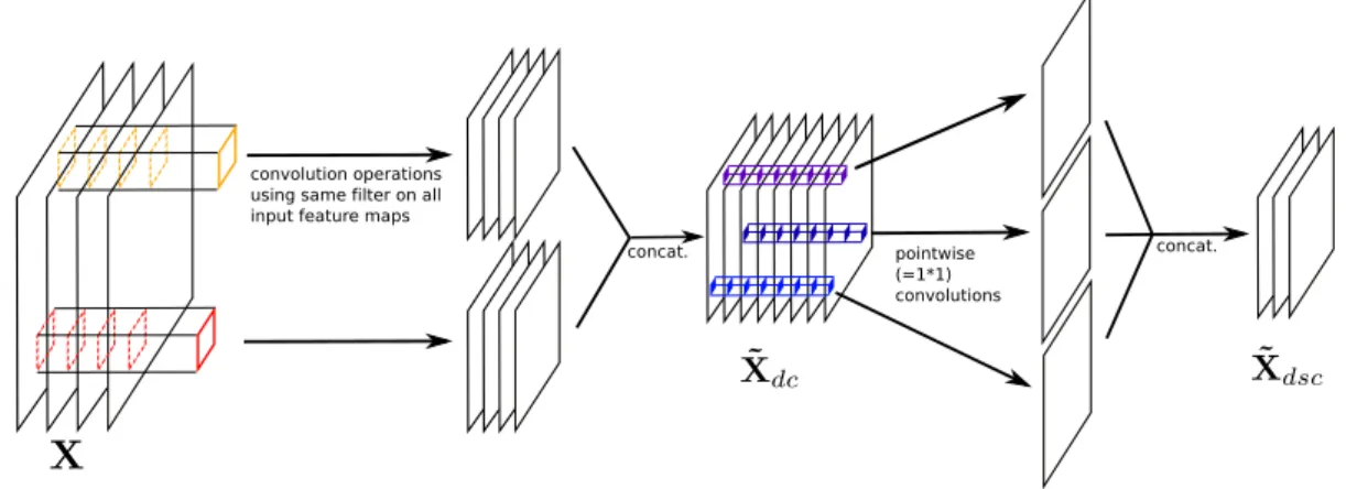 Figure 2.9: A depthwise separable convolution layer, here represented with c X = 4 replicated filters, α c = 2 and c X˜ = 3.