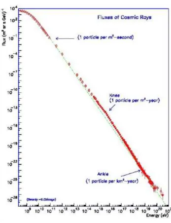 Fig. 1.1: Flux of cosmic rays as a function of their energy, in the range E ∼ 10 8 − 10 21 eV.