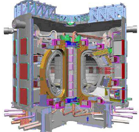 Figure 0-4: Diagram cut of ITER, with a man in blue at bottom, represented for scale  (courtesy of ITER) 