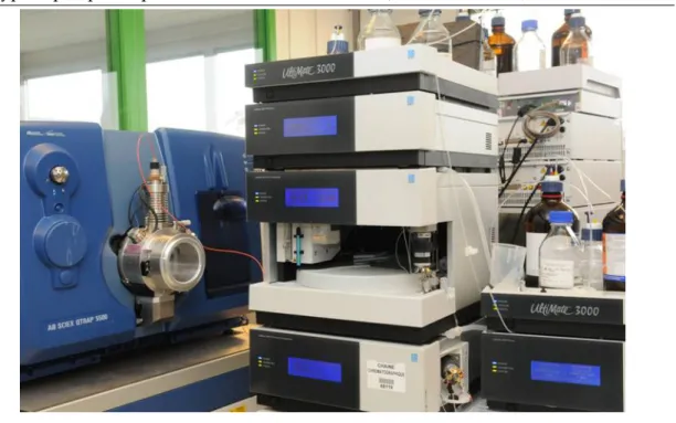 Fig. 3.9 Plateforme protéomtique chez l’entreprise bioMérieux à Marcy-l’Étoile : à droite un chromatographe liquide (Dionex, Ultimate 3000), à gauche un spectromètre de masse de type triple quadrupole travaillant en mode SRM (ABSciex 5000QT)