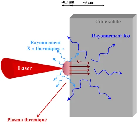 Figure 1.2 – Structure d’une cible solide irradiée par laser fs et émission X.