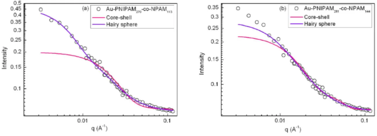 Figure 3.10: The core-shell and hairy sphere adjustments made on the: (a)Au-PNIPAM 270 - -co-NPAM 113 scattering curve in absence of salt (R g = 6.8 nm) and (b) Au-PNIPAM 261  -co-NPAM 144 scattering curve in presence of salt (R g = 7.5 nm) at 20 ◦ C.