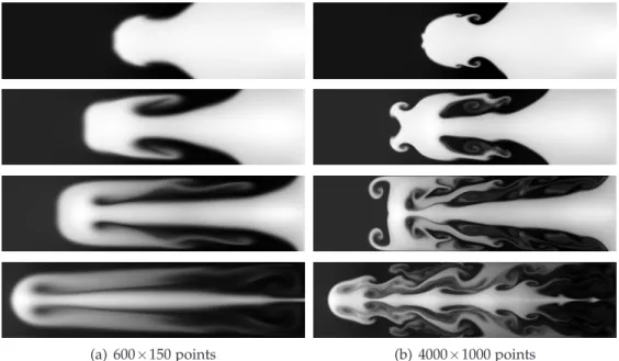 Figure 3: Rayleigh Taylor instability computed with the relaxation scheme proposed in this paper in a 2D computational domain