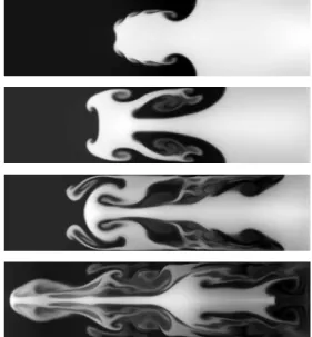 Figure 4: Rayleigh Taylor instability computed with a MUSCL-type second-order extension of the relaxation scheme proposed in this paper using different limiters