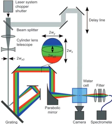 Figure 1 Sketch of the experimental pump-probe set-up to induce and observe the optical breakdown in a water cell by simultaneous spatial and temporal focusing.