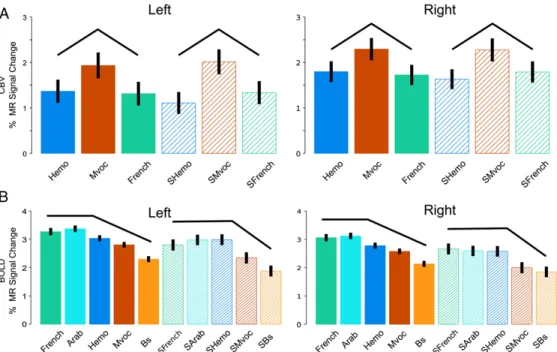 Figure 3: Activity profiles in regions showing differences across scrambled stimuli. Activity profiles plotting MR signal change for the various conditions in monkeys’ (A) and humans’ (B) local maxima within the blue outlines in Fig