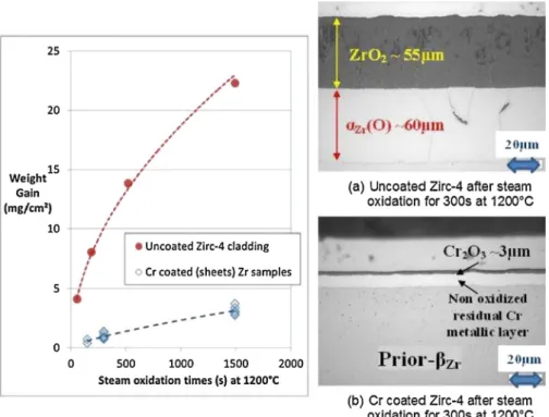 Fig. 3. Comparison between the respective high temperature steam oxidation behaviors at 1200 ◦ C of uncoated vs