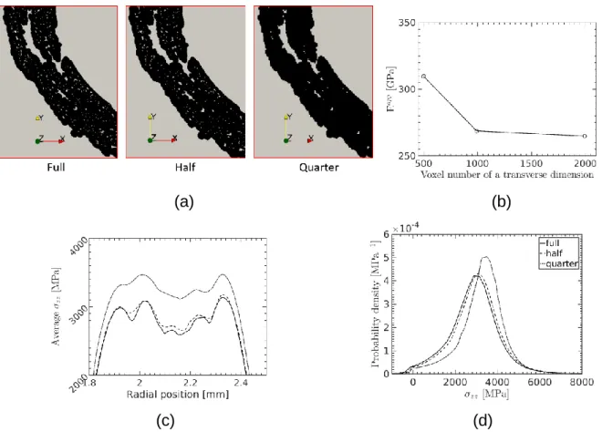 Figure  A-1.  (a)  Parts  of  2D  cross  sections  of  the  three  unit  cells  of  different  resolutions:  full  (2.6  µm/voxel),  half  (5.2  µm/voxel)  and  quarter  (10.4  µm/voxel)