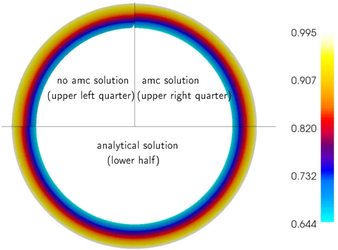 Figure 6: Rotating shell. Plot of the angular momentum at t = π/ 2 : lower half shell corresponds to the analytic solution; upper left quarter shell corresponds to calculation without angular momentum conservation (no amc); upper right quarter corresponds 