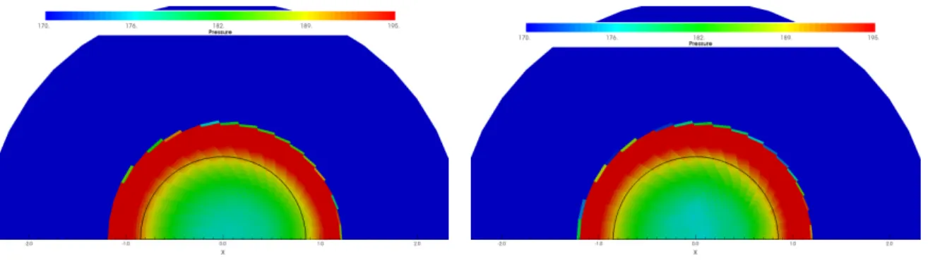Figure 11: Pressure maps for the cylindrical flying shell problem at t = 0 . 16 . Second-order calculations.