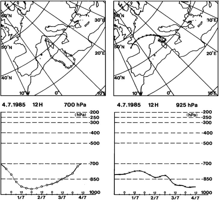 Fig. 2.  Computed  backward,  three-dimensional  air mass trajectories,  ending at Capo Cavallo, at 1200 UT on July 4,  1985,  at 700 and 925 hPa