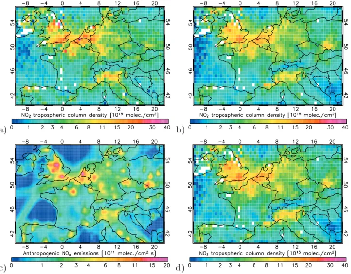 Figure 5. Comparisons between annual means of (a) NO 2 SCIAMACHY tropospheric columns (10 15 molecules/cm 2 ), (b) NO 2 CHIMERE tropospheric columns obtained by using the averaging kernels, (c) emissions of nitrogen oxides (NO x ) over western Europe for 1