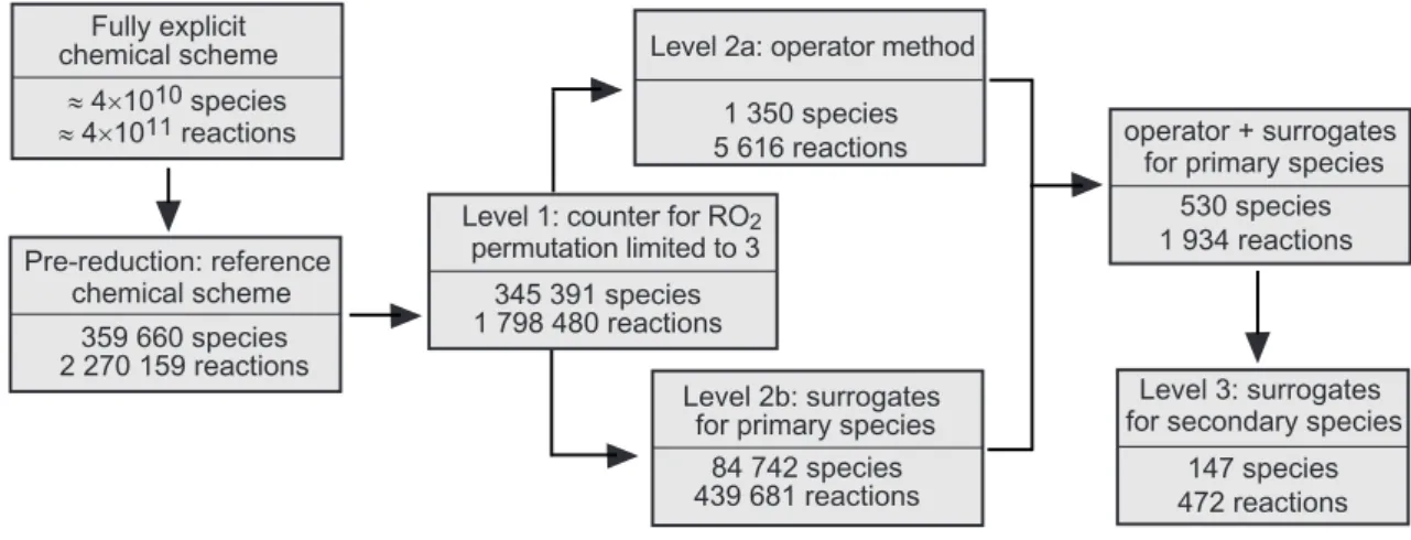 Fig. 1. Number of species and reactions in the schemes at different levels of reduction