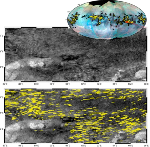 Figure 2. Linear segment detection over Titan’s dune ﬁelds. (Inset) Visual and infrared mapping spectrometer (VIMS) global map with extracted segments in yellow