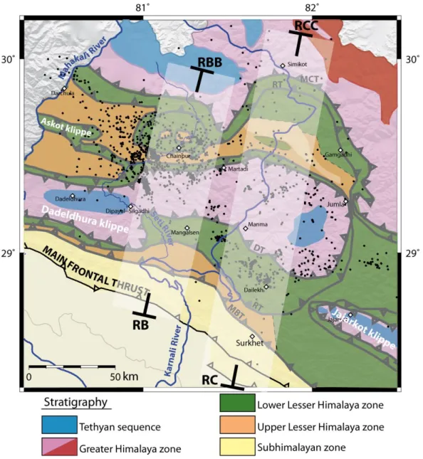 Figure  4.  Tectonic  map  of  west  Nepal.  Main  geological  and  tectonic  units  are  colored 