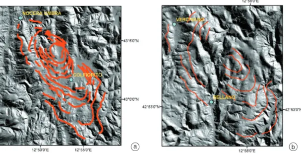 Fig.  2a,b. a) Fringe pattern extracted from available interferograms (see text) for the Colfiorito area