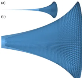 Figure 9: The Miura horn or the unique axisymmetric Miura surface of the first kind, class C: (a) global view;