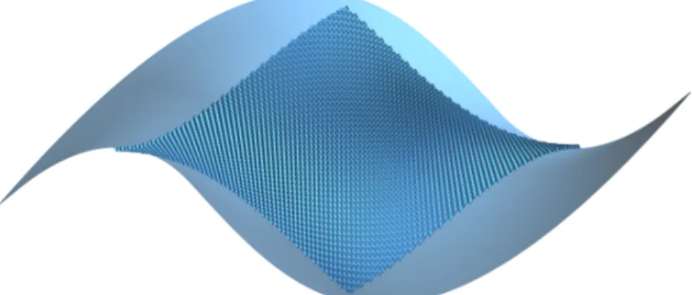 Figure 11: Fitting a helicoid: The edges of the Miura ori are rendered in black whereas the helicoid is rendered as a solid opaque surface