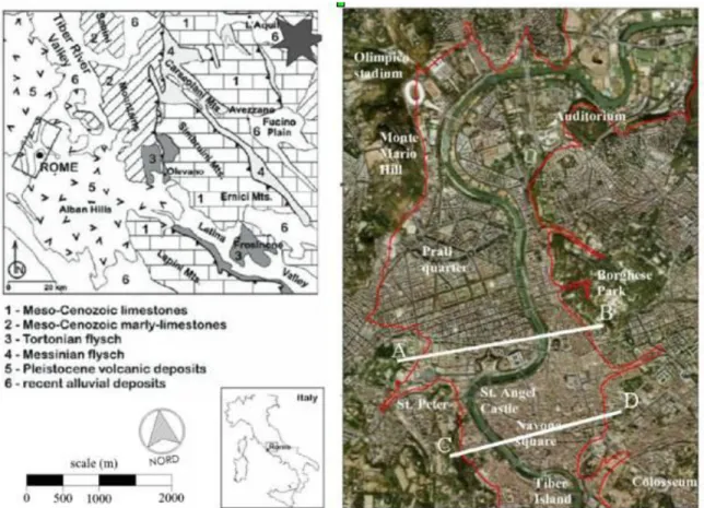 Fig. 1. Location of the city of Rome in the central Apennines area; the epicenter of the last 6 th  April, 2009 earthquake is also shown  (left)