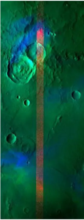 Figure 1: An example of a simultanous observation by OMEGA  and HRSC. The green and blue images of HRSC are projected at  the Martian surface, revealing the high-altitude clouds as  misa-ligned green and blue hazes
