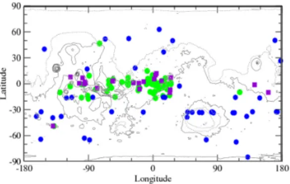 Figure 2: Global map of high-altitude cloud observations by  OMEGA (in green) and HRSC (violet)