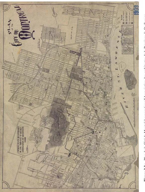 Figure 3.3 :Plan de la Cité de Montréal proposé par l’Association des architectes de la Province de Québec en 1909 qui montre le circuit formé par les futures percées