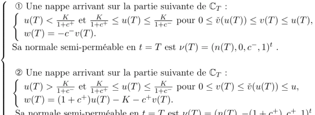 Fig. 3.2 – Coupes en v = 0 et v = u de la frontière de la cible (3.32) et normales semi-perméables.