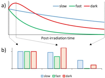 Figure 7: Temporal effects on photobiological responses. Panel a) shows the temporal evolution  of three phenomena after irradiation