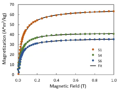 Figure 7. Langevin fit of the magnetization for some iron oxide particles. 