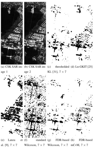 Fig. 4. 650 × 200 pixel COSMO-SkyMed 2.5m resolution StripMap image pair ( c ASI) of Port-au-Prince, Haiti [(a),(b)], and various detection results (white - no change, black - change) in (c)-(h).