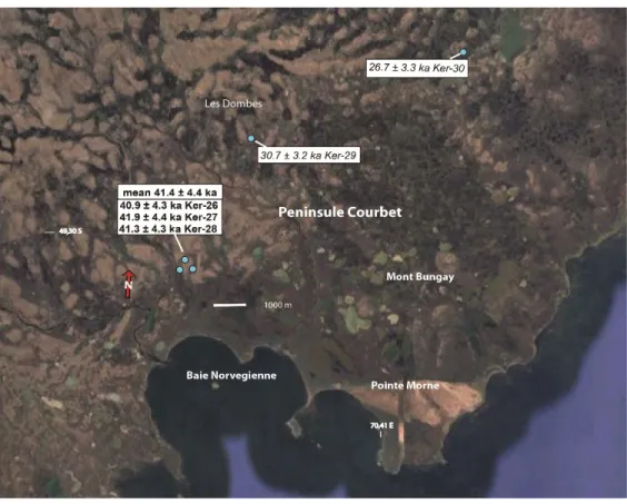 Fig. 2. Location of  36 Cl ages with their arithmetic mean at Peninsule Courbet site. The 1σ uncertainties in the individual  229 