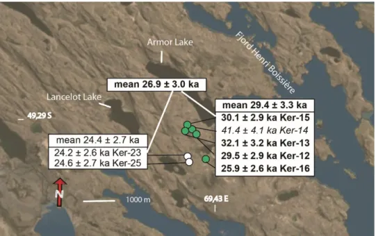 Fig.  7.  Location  of  36 Cl  ages  at  Amor  lake  site.  Green  circles  show  samples  from  roche  moutonnees  with  their  336 