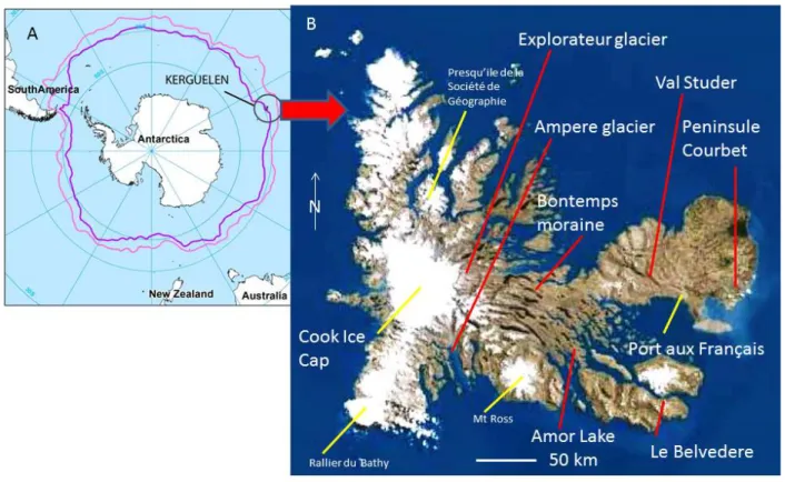 Fig. 1. General location of the study area. A. Map of the Kerguelen (black circle) and sub-Antarctic areas, with the  110 