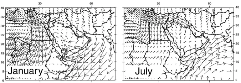 Fig. 1. Surface wind trajectories in winter (on the left) and summer (on the right) over Arabia and surrounding areas