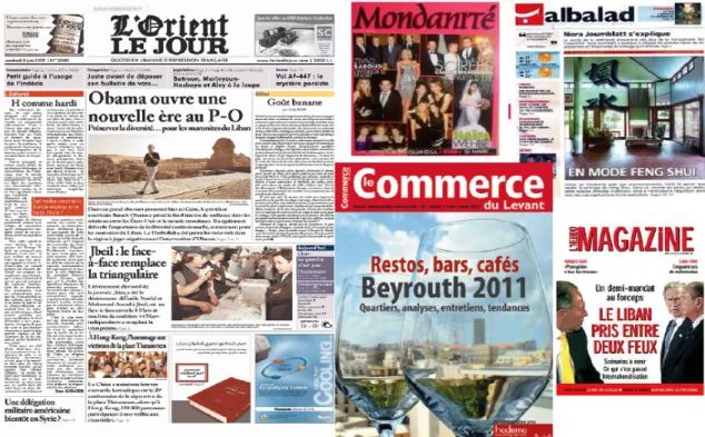 Figure 1 : Premières pages de différents journaux et magazines de la presse écrite  francophone libanaise, 2011, MUNOZ Ludivynn 